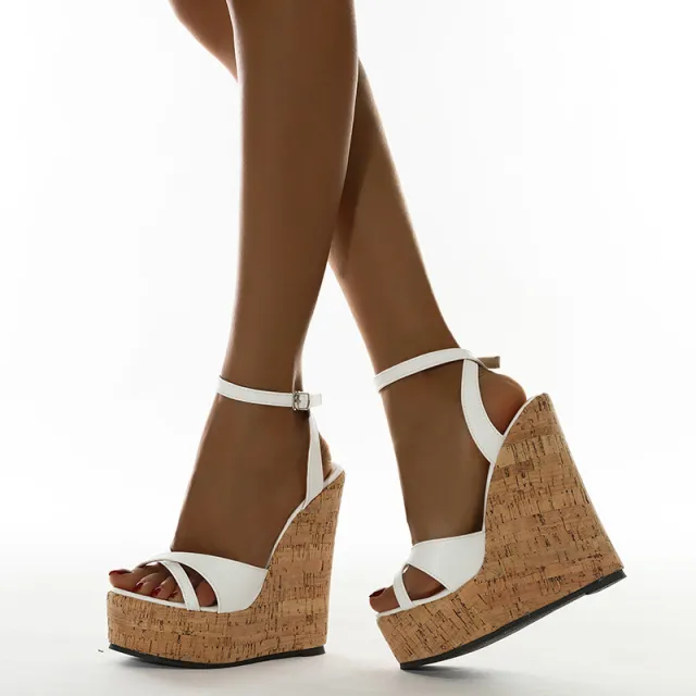 European And American Fashion Simple Wedge Sandals One Word Buckle High Heel Women'S Shoes White - Shop at LoveMi
