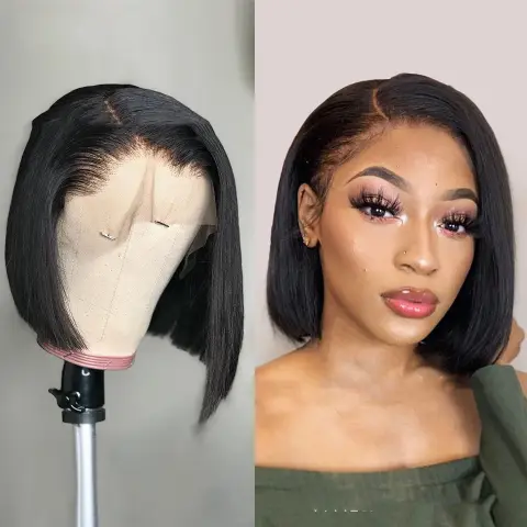 Tongcan Front Lace Wig with Side Black Short Straight