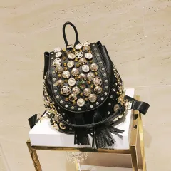 Net Red Bag Female Korean Personality Chain Tassel One-Shoulder Fashion Rivet Casual Backpack - Black - View 1