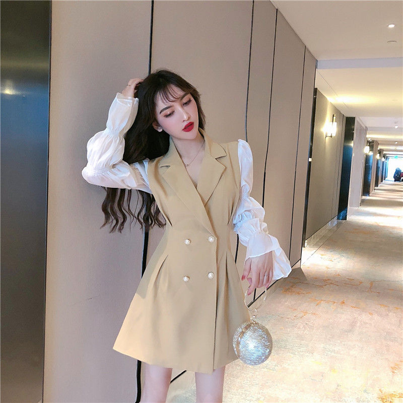 Double-breasted Temperament Bubble Long-sleeved Suit Skirt