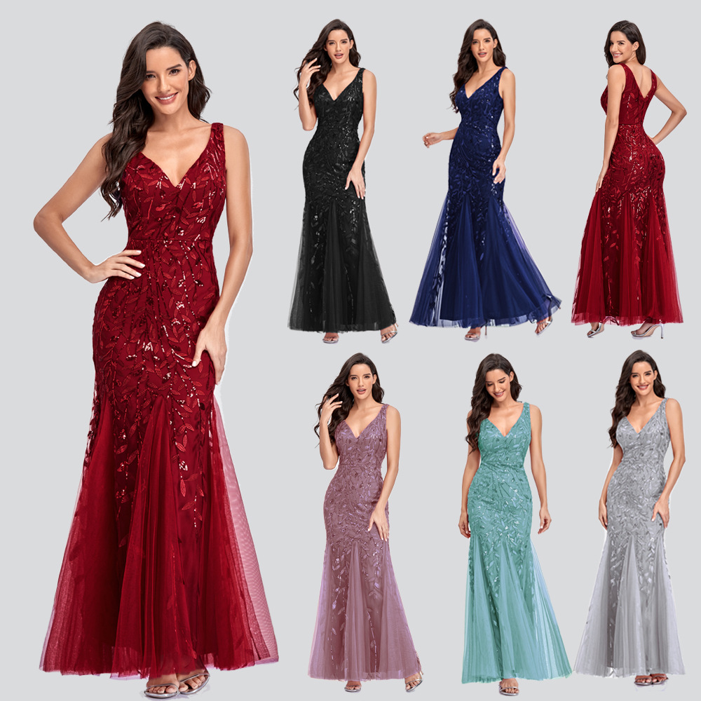 New Dress Sexy Long Skirt Sleeveless V-Neck Embroidered Sequins Slim Fishtail… — image 1