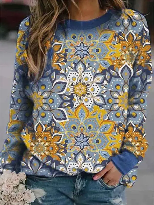 Autumn And Winter New Retro Blouse Women'S Printed Round Neck Long-Sleeved Pullover Sweater - Blue