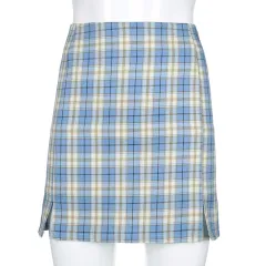 New Retro Plaid A-Line Skirt Female Chic All-Match High Waist Slim Split Skirt - Blue - View 1