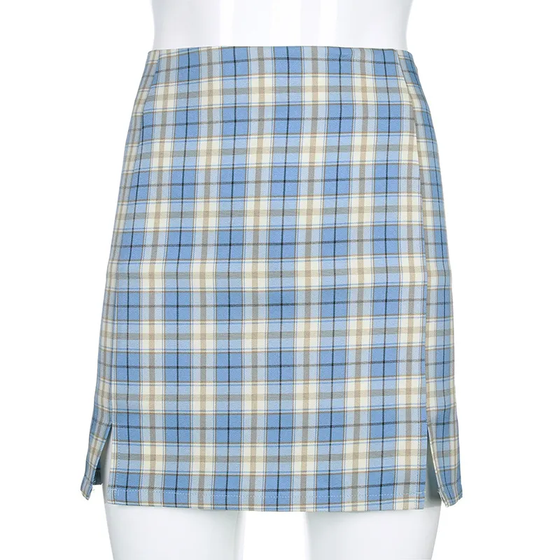 New Retro Plaid A-Line Skirt Female Chic All-Match High Waist Slim Split Skirt - Blue