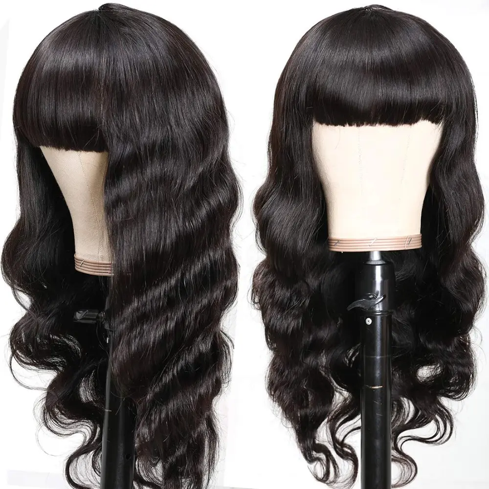 Real Hair Body Headgear Wig with Bangs