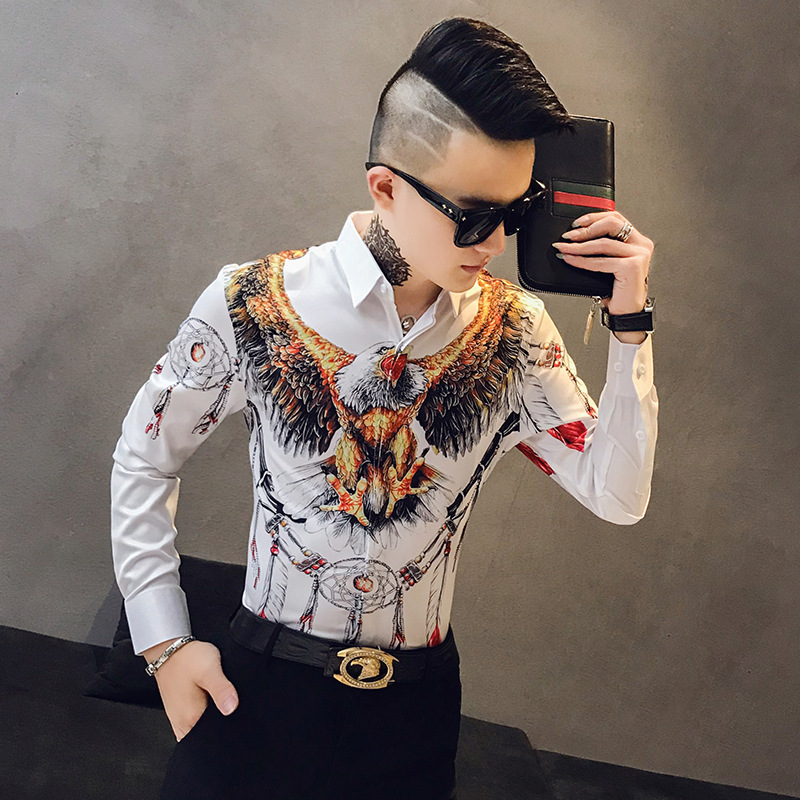 Men'S Tough Guy Style Slim Printed Long-Sleeved Shirt Fashion Korean Casual Printed Cardigan Men