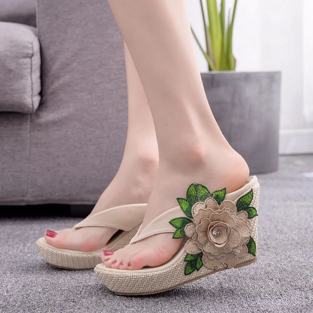 Embroidered Flower Platform Roman Wedge Sandals - Apricot