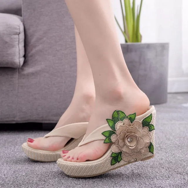 Embroidered Flower Platform Roman Wedge Sandals Apricot - Shop at LoveMi
