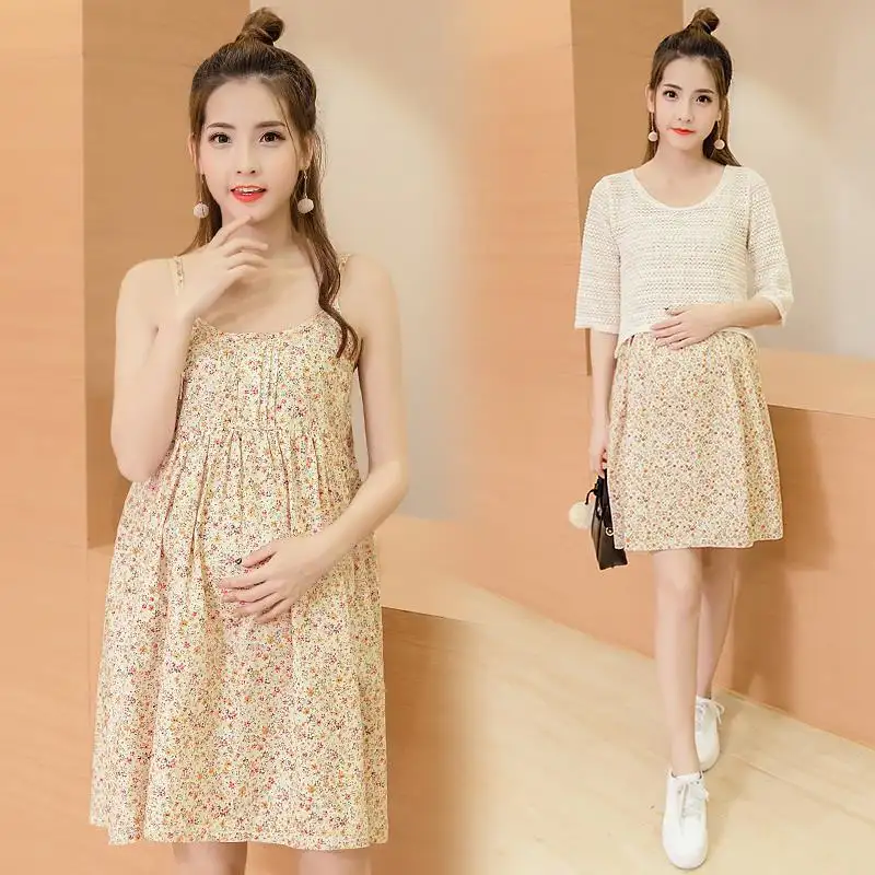 Fashion Maternity Skirt Fresh Summer Four Color Small Floral Maternity Skirt Two Piece Wash Water Cotton Net Vest Skirt