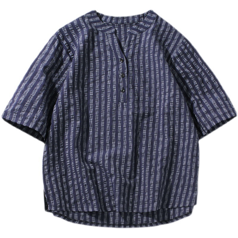 Men's V-neck loose plus size striped casual five-point sleeves