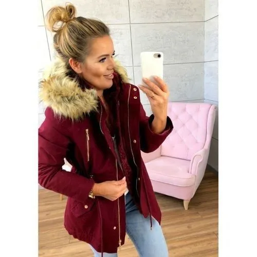 Explosive New Hooded Fur Collar Elastic Belt Pocket Zipper Jacket Wine Red - Shop at LoveMi