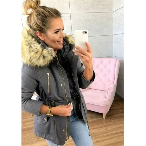 Explosive New Hooded Fur Collar Elastic Belt Pocket Zipper Jacket Dark Grey - Shop at LoveMi