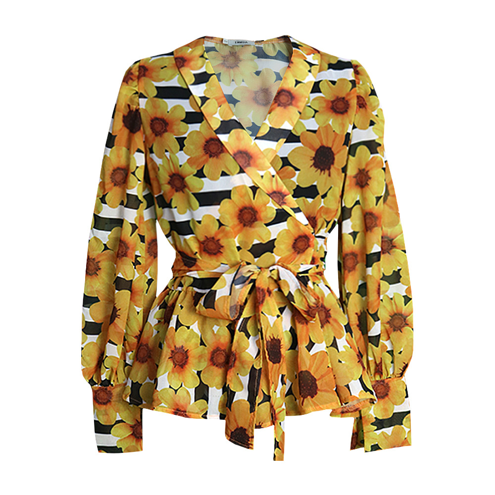 V-Neck Lantern Long-Sleeved Print Tied With Loose And Loose Casual All-Match Ruffles