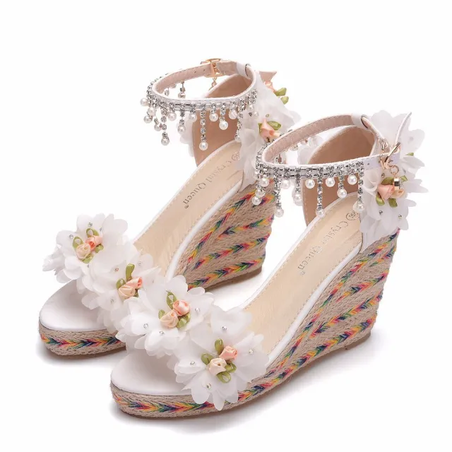 9Cm White Flower Fish Mouth Wedge Sandals Size White Trifle Sandals Beaded Tassel Sandals Women White - Shop at LoveMi