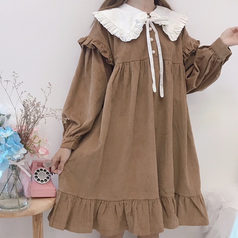 Japanese Soft Girl Cute Navy Collar Puff Sleeve Lace Detachable Loose Corduroy Dress 