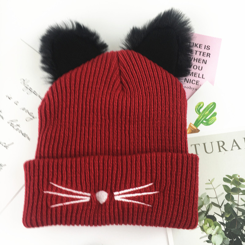 Ladies Casual Cat Embroidery Woolen Hat