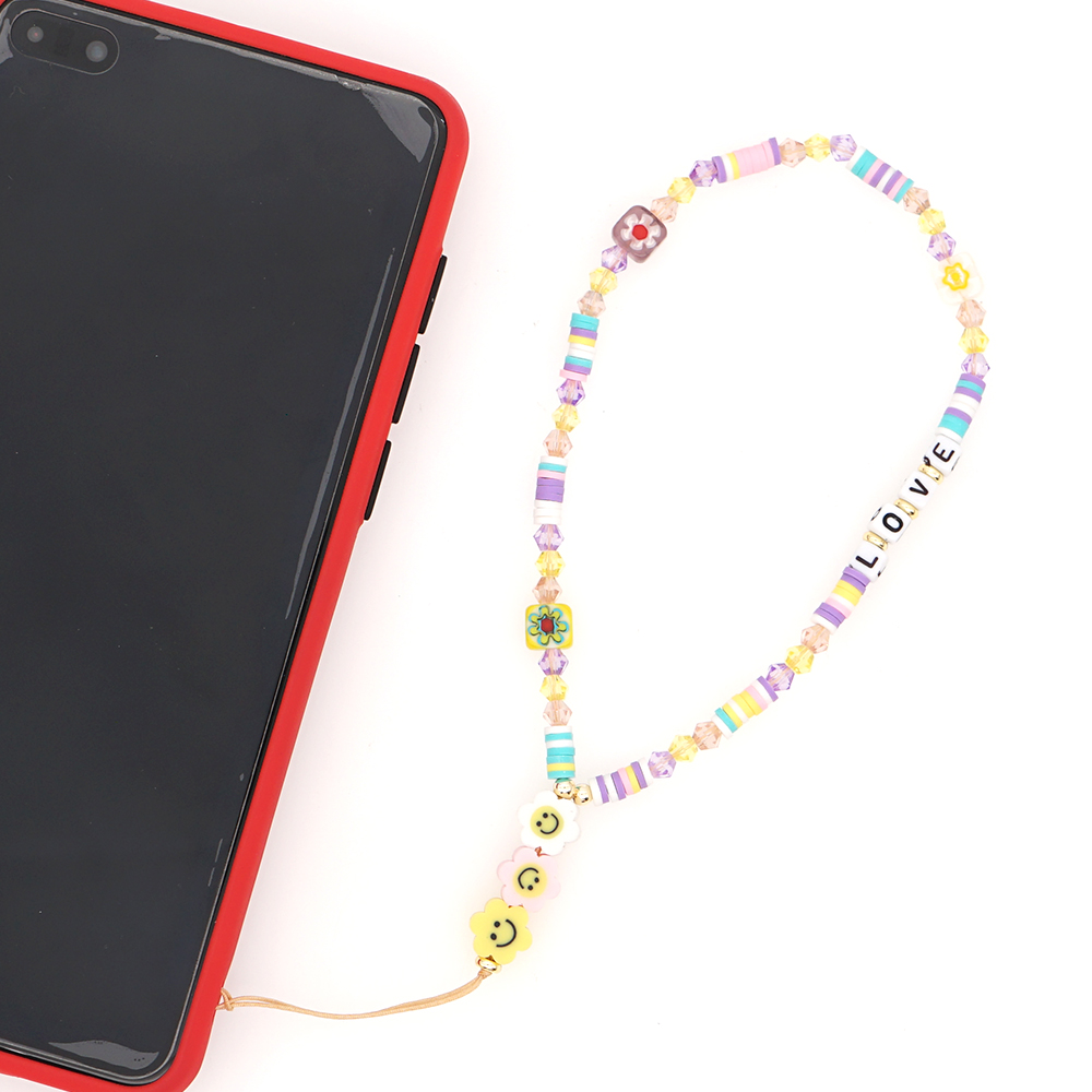 Bohemian Smiley Soft Ceramic Phone Chain Love Letter Crystal Beads Handmade Beaded Anti-Lost Mobile Phone Lanyard
