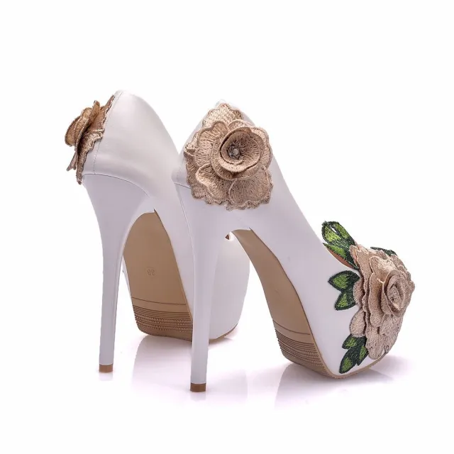 14 Cm High Heels Mikhaki Big Flower Banquet High Heels Stiletto Round Toe Waterproof Platform Single Shoes Foreign Trade Large Size Khaki - Shop at LoveMi