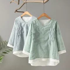 Women's Plus Size Literary Double Embroidered Cotton And Linen T-Shirt - Green - View 1