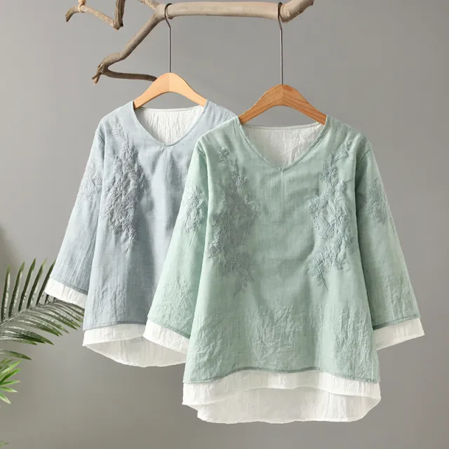 Women's Plus Size Literary Double Embroidered Cotton And Linen T Shirt Green - Shop at LoveMi