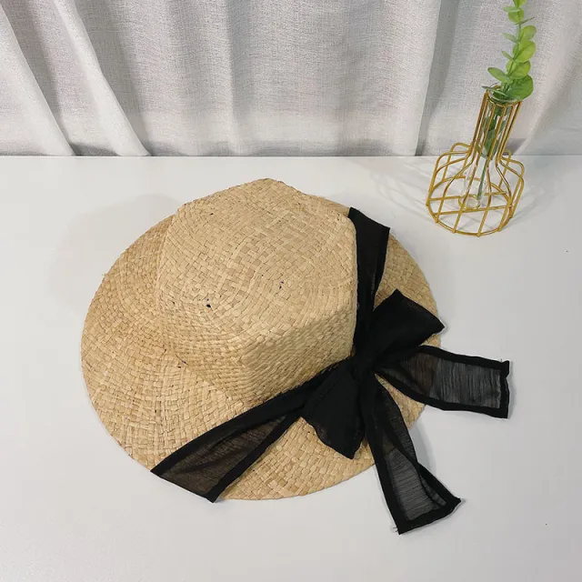 Korean Style Hexagonal Raffia Straw Hat With Bowknot Beach Hat With Big Brim Black - Shop at LoveMi