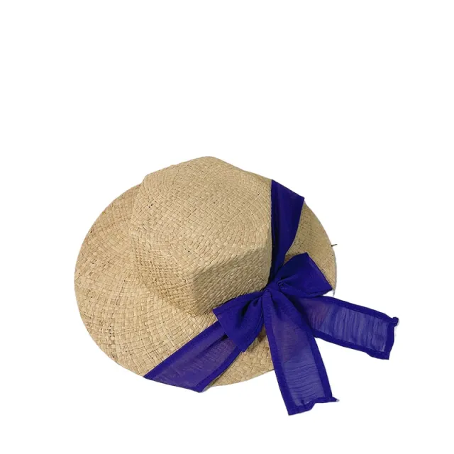 Korean Style Hexagonal Raffia Straw Hat With Bowknot Beach Hat With Big Brim Blue - Shop at LoveMi