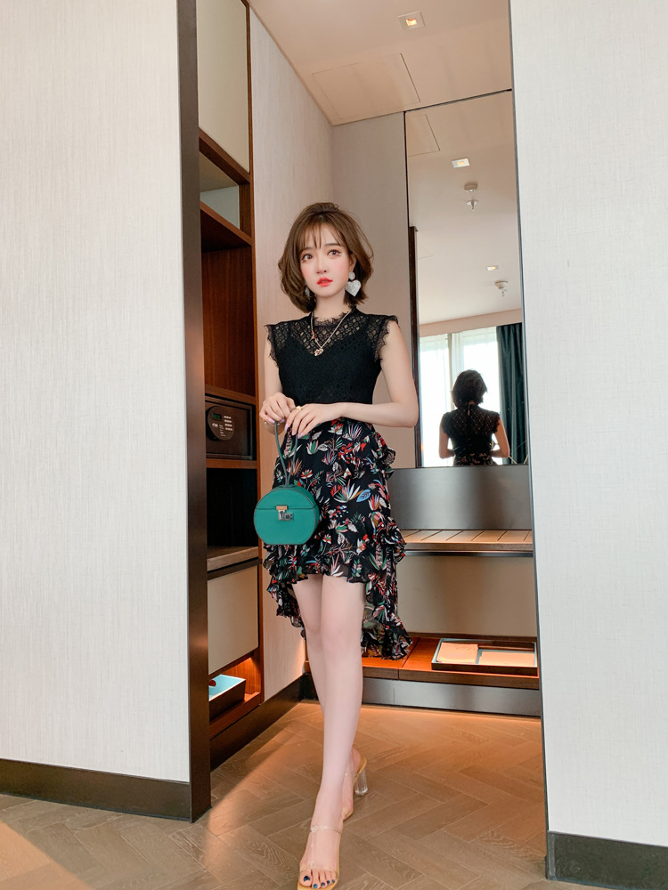 Hollow Lace Shirt With Sling Print Ruffle Half Skirt Three-Piece Suit Women