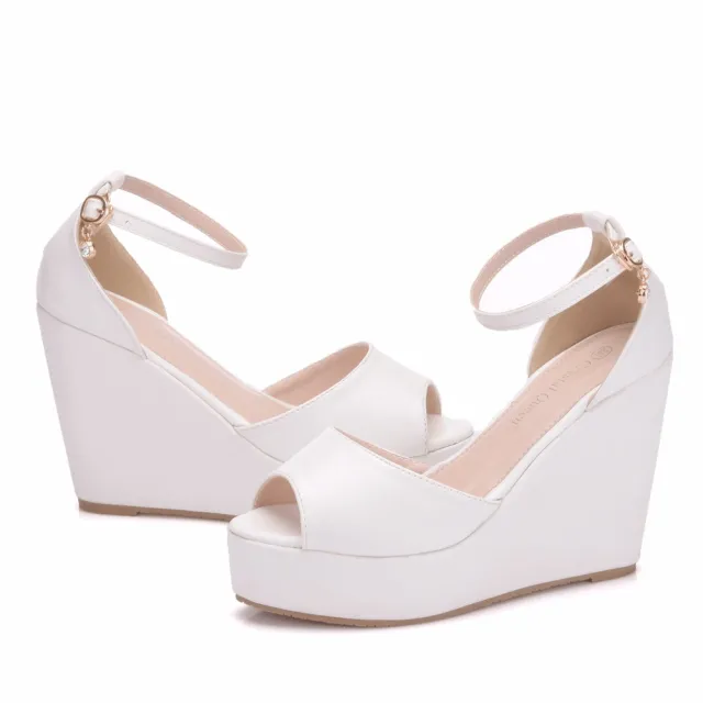 White Fish Mouth Waterproof Platform Word Wrist Strap High Heel Sandals Wedge Platform Women Sandals White - Shop at LoveMi