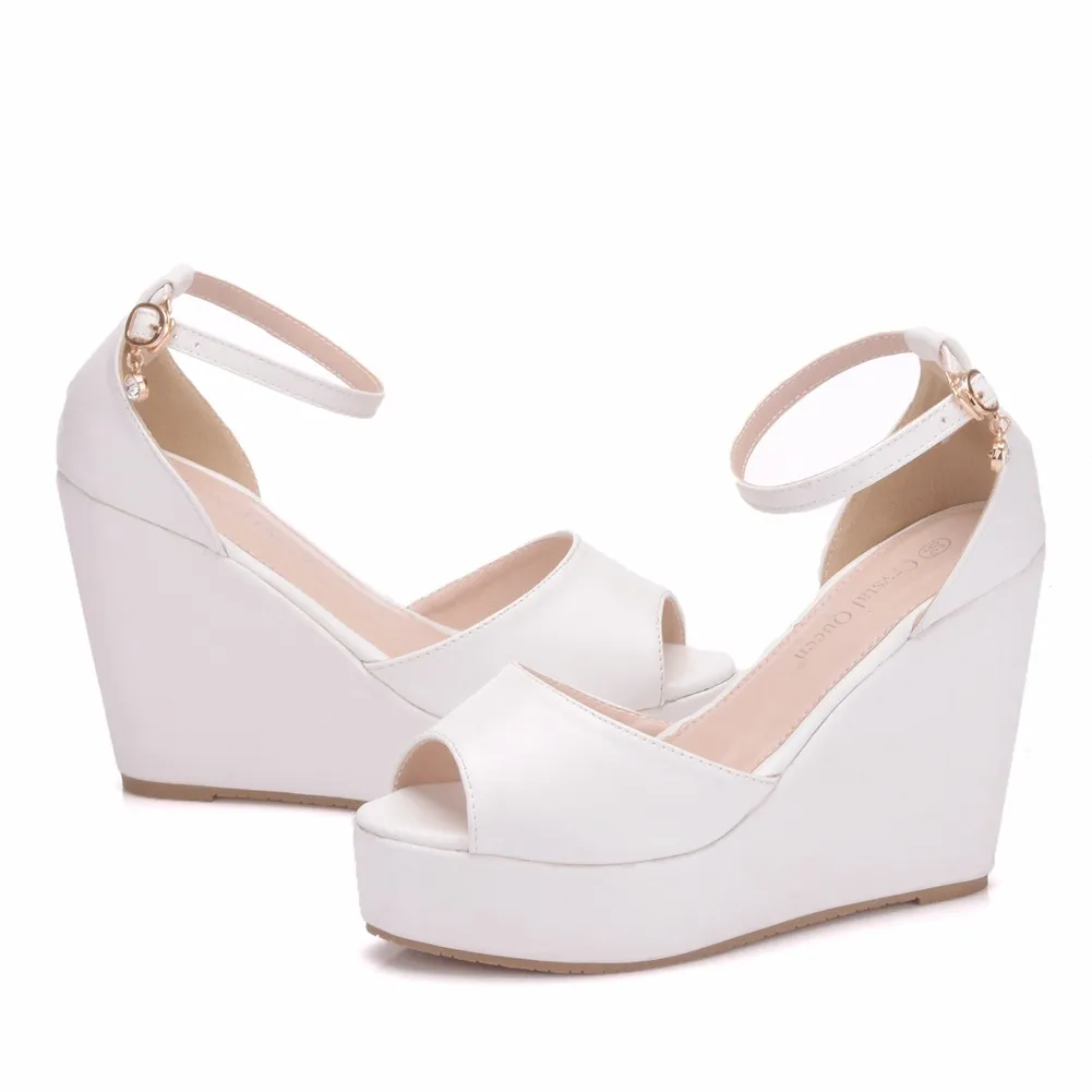 White Fish Mouth Waterproof Platform Word Wrist Strap High Heel Sandals Wedge Platform Women Sandals - White