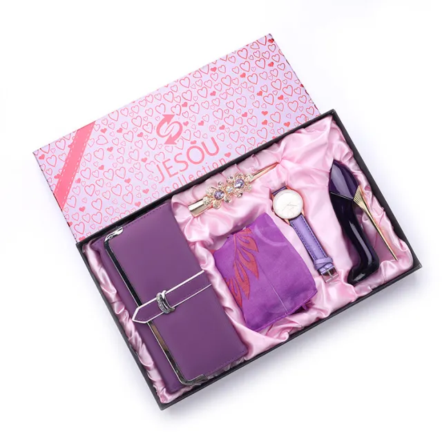 Fashion Long Wallet Scarf High Heels Perfume Quartz Watch and Hairpin Set Purple - Shop at LoveMi