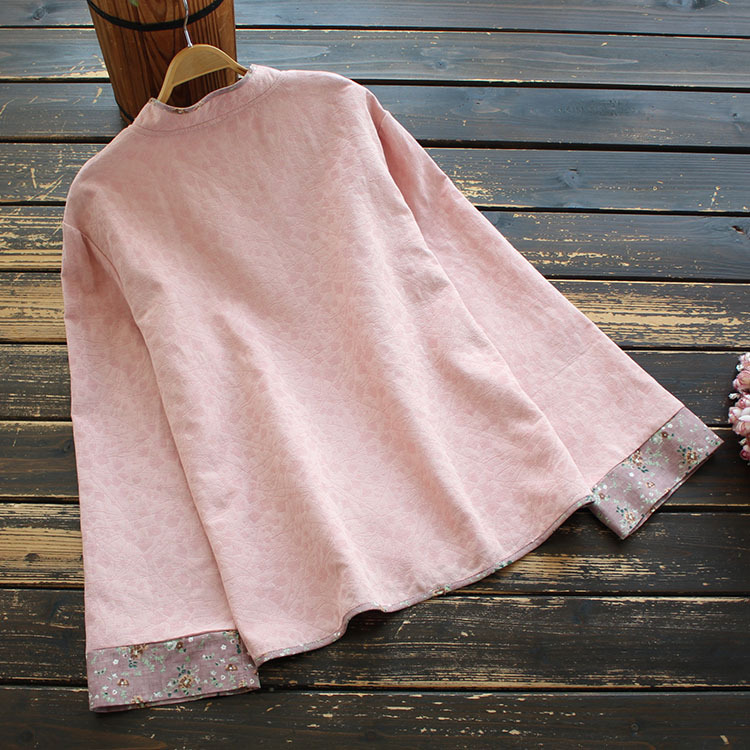 Plate Button Color Block Pullover Linen Top Shirt