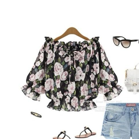 Women'S Ruffled Hem Waist And Age-Reducing Floral Chiffon Shirt Loose Neckline Off-Shoulder Top