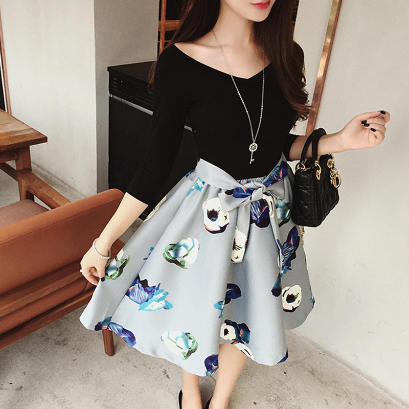 Fashion Summer New Fake Two-Piece Women'S Korean Style Slim Dress Stitching V-Neck Floral Skirt