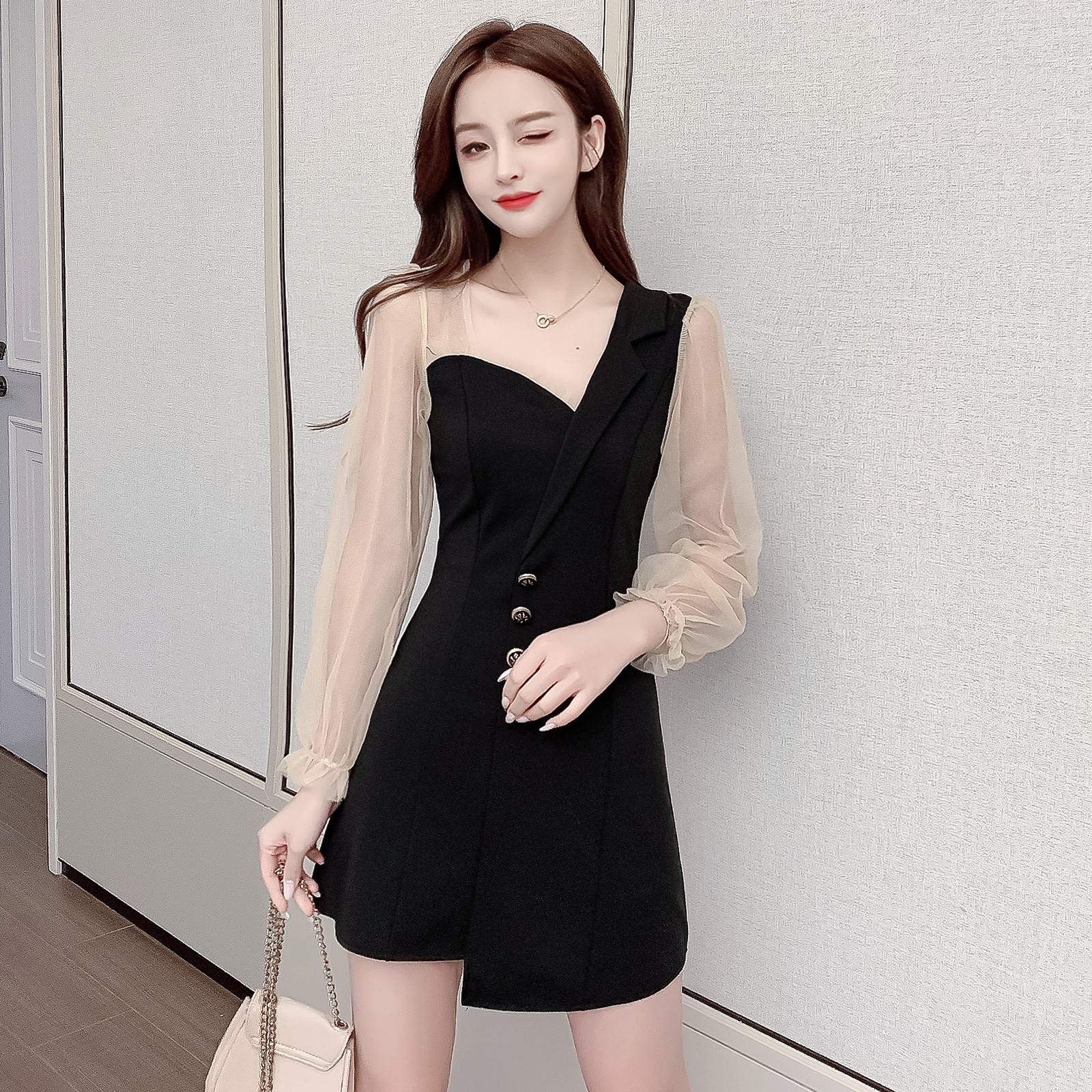 Mesh Stitching Black A-line Skirt Irregular