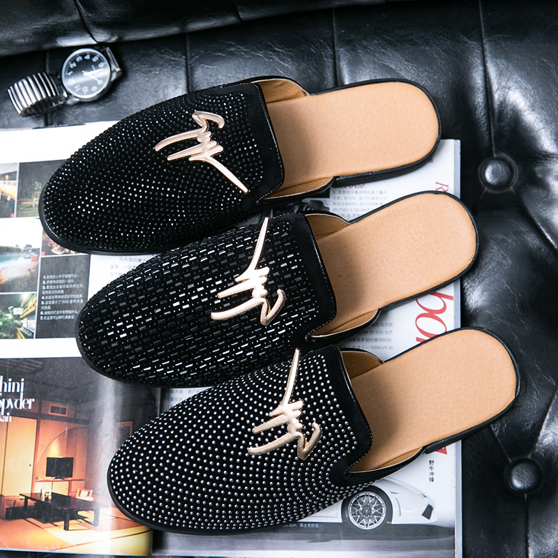 Men'S Semi-Slippers Summer Full-Drilled One-Foot Toe Capless Leather Shoes