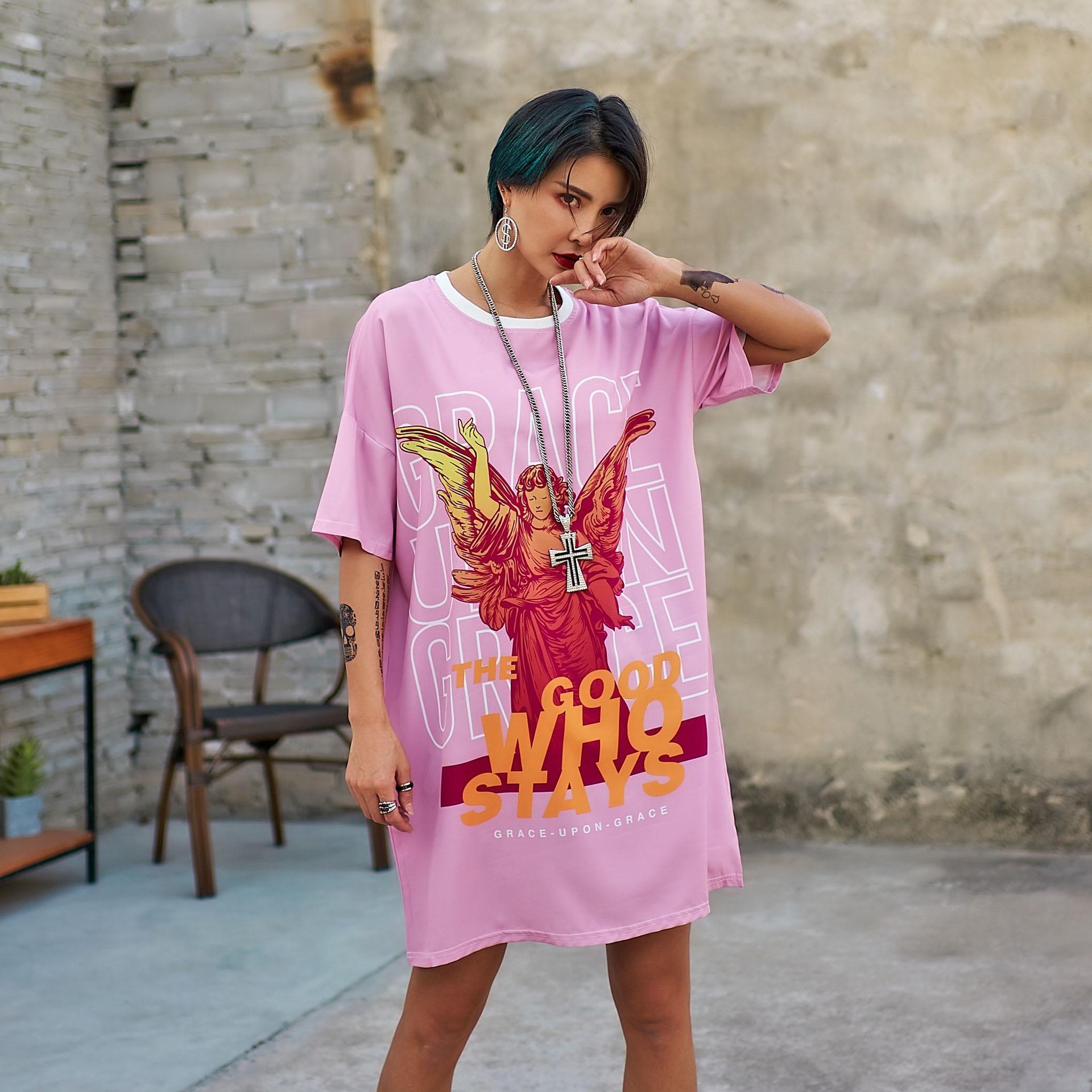 Short-sleeved T-shirt Personalized Street Shooting Skirt Pink Goddess Angel Digital Print