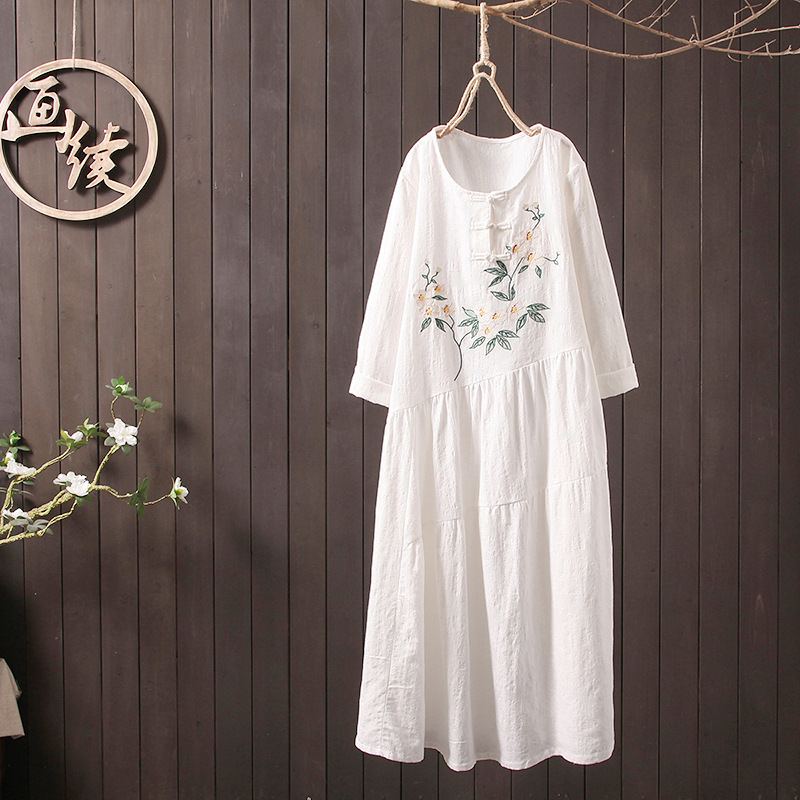 Retro Disc Button Literary Cotton And Linen Embroidered Skirt Dress — image 1