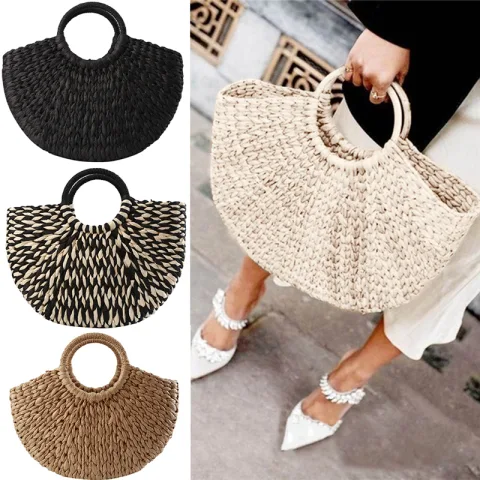 Women Handbag Rattan Wicker Straw Woven Half-round Bag Large