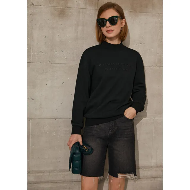 Casual Embroidered Sweater Women's Spring New Loose Half High Neck Pullover All Match Black - Shop at LoveMi