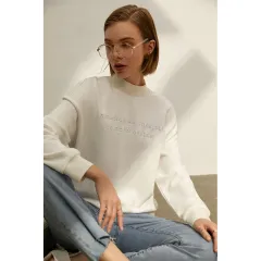 Casual Embroidered Sweater Women's Spring New Loose Half High Neck Pullover All-Match - White - View 1