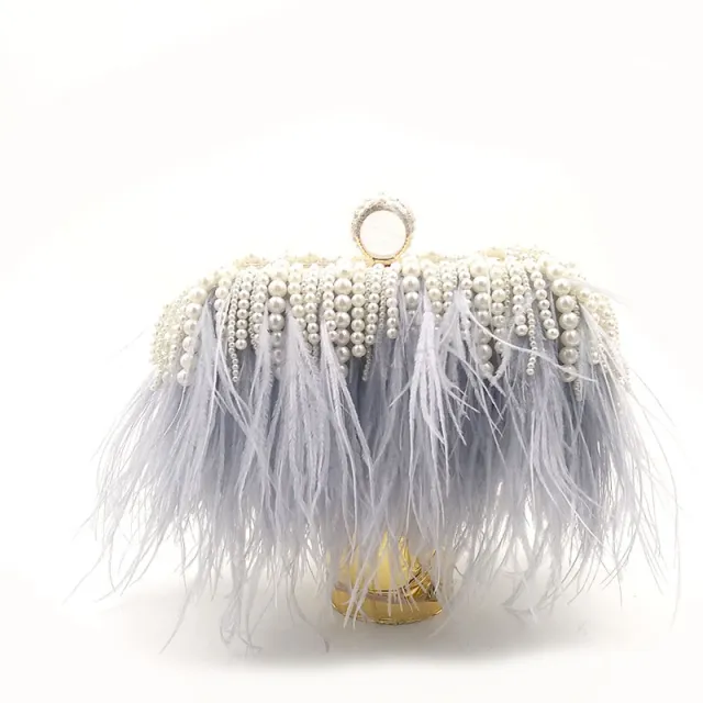 Niche Trendy Brand Ostrich Hair Bag Fashion Evening Dress Banquet Catwalk Clutch Bag Shoulder Diagonal Chain Pearl Gray - Shop at LoveMi
