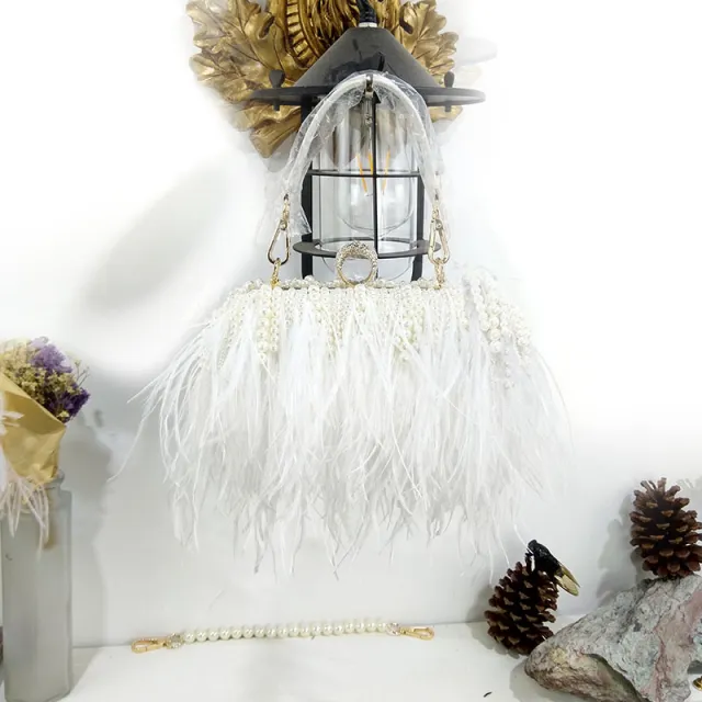 Niche Trendy Brand Ostrich Hair Bag Fashion Evening Dress Banquet Catwalk Clutch Bag Shoulder Diagonal Chain Pearl White - Shop at LoveMi