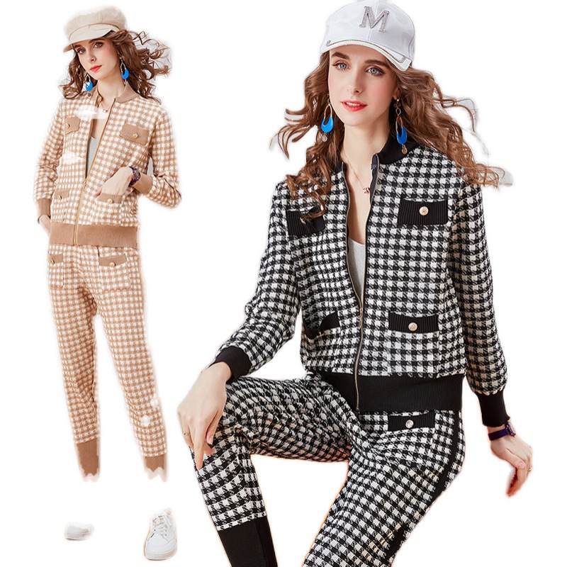 Air Aroma Diffuser Houndstooth British Style Sweater Top  Slim Trousers Two-Piece Suit