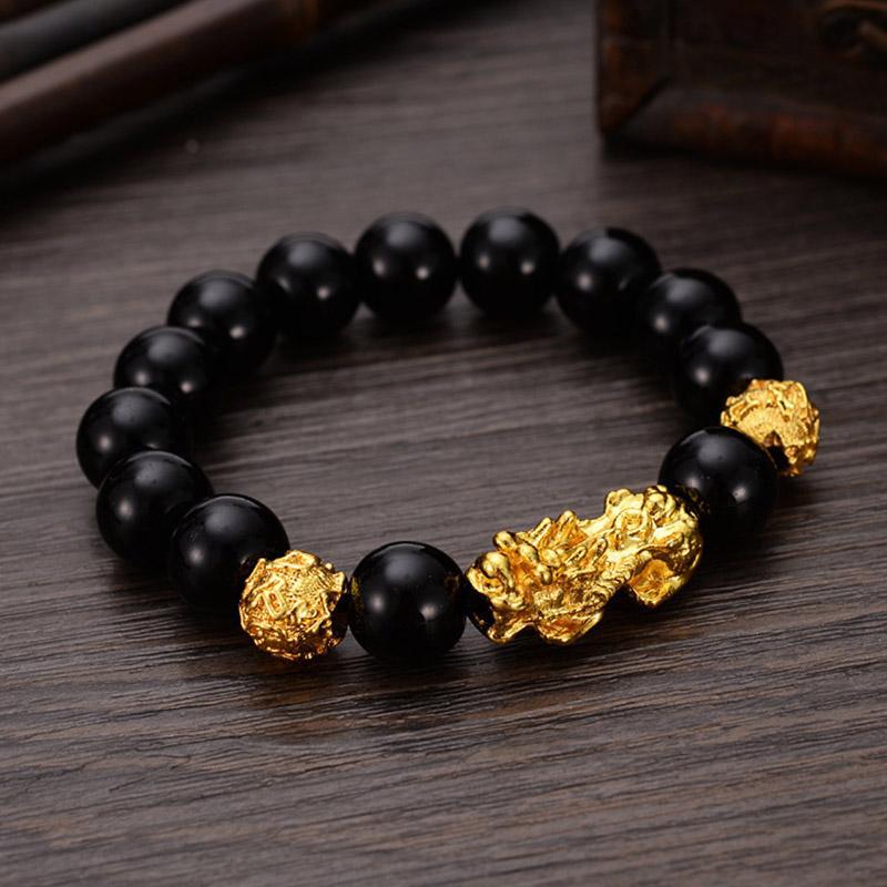 Title 15, Gold Plated Imitated Obsidian Pixiu Bracelet. A...