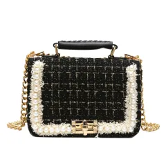 Fashion Woolen Personality Handbag Girl Plaid Messenger Bag - Black - View 1
