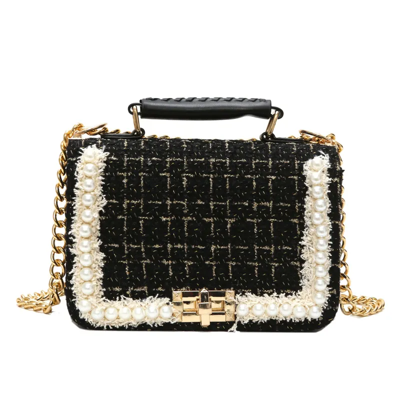 Fashion Woolen Personality Handbag Girl Plaid Messenger Bag - Black