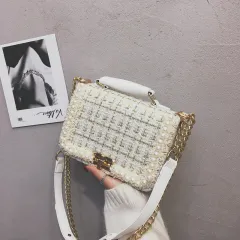 Fashion Woolen Personality Handbag Girl Plaid Messenger Bag - White - View 1
