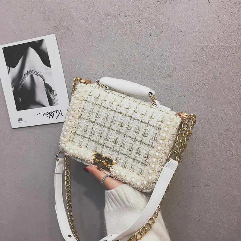 Fashion Woolen Personality Handbag Girl Plaid Messenger Bag - White
