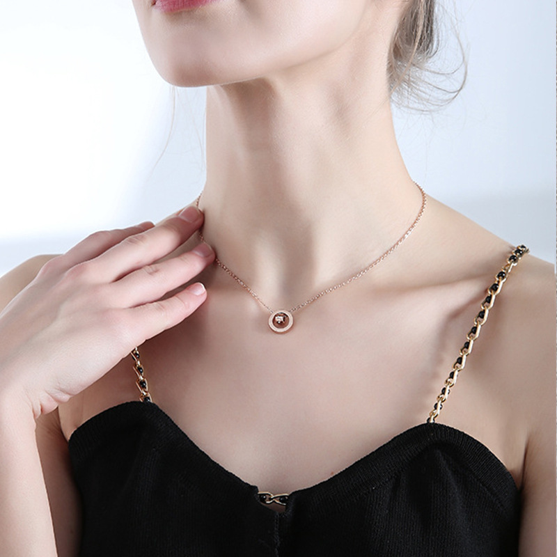 Simple Double Ring Roman Diamond Transfer Beads Rose Gold Short Clavicle Necklace For Women