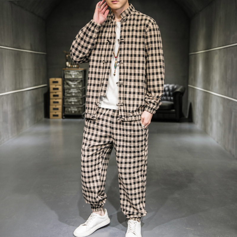 Two-Piece Chinese Tang Suit With Plaid Jacket
